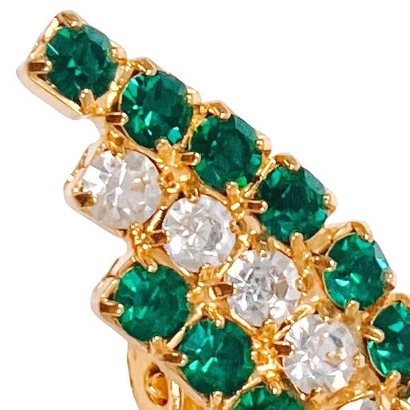 Vintage Emerald Green Glass Rhinestone Gold Tone Sparkly Clip On Earrings - Picture 3 of 10